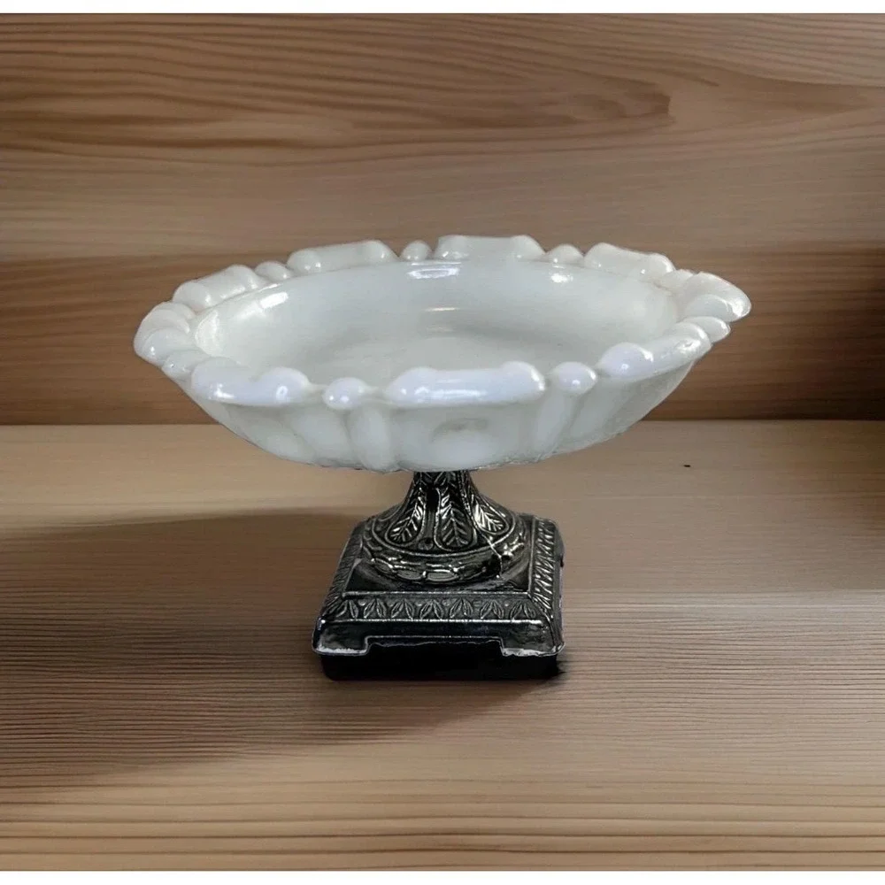 Vintage pedestal dish white glass metal footed soap trinket tray